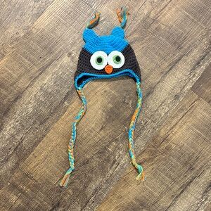 Kids Owl Crochet Earflap Hat - Blue & Black